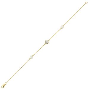 14K YG 1/12 ct. tw. Diamond & Pearl Floral Chain Bracelet