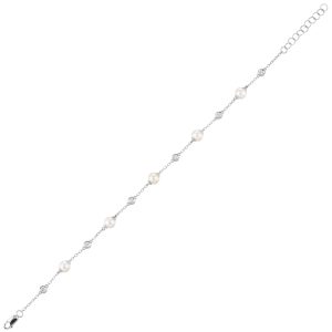 14K WG 1/5 ct. tw. Diamond & 1 ct. tw. Pearl Station Chain Bracelet