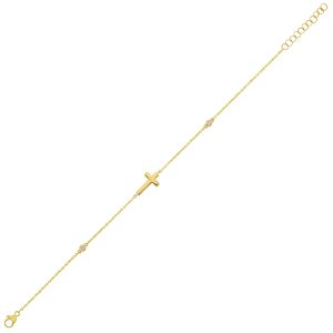 14K YG 1/20 ct. Diamond Station Cross Chain Bracelet