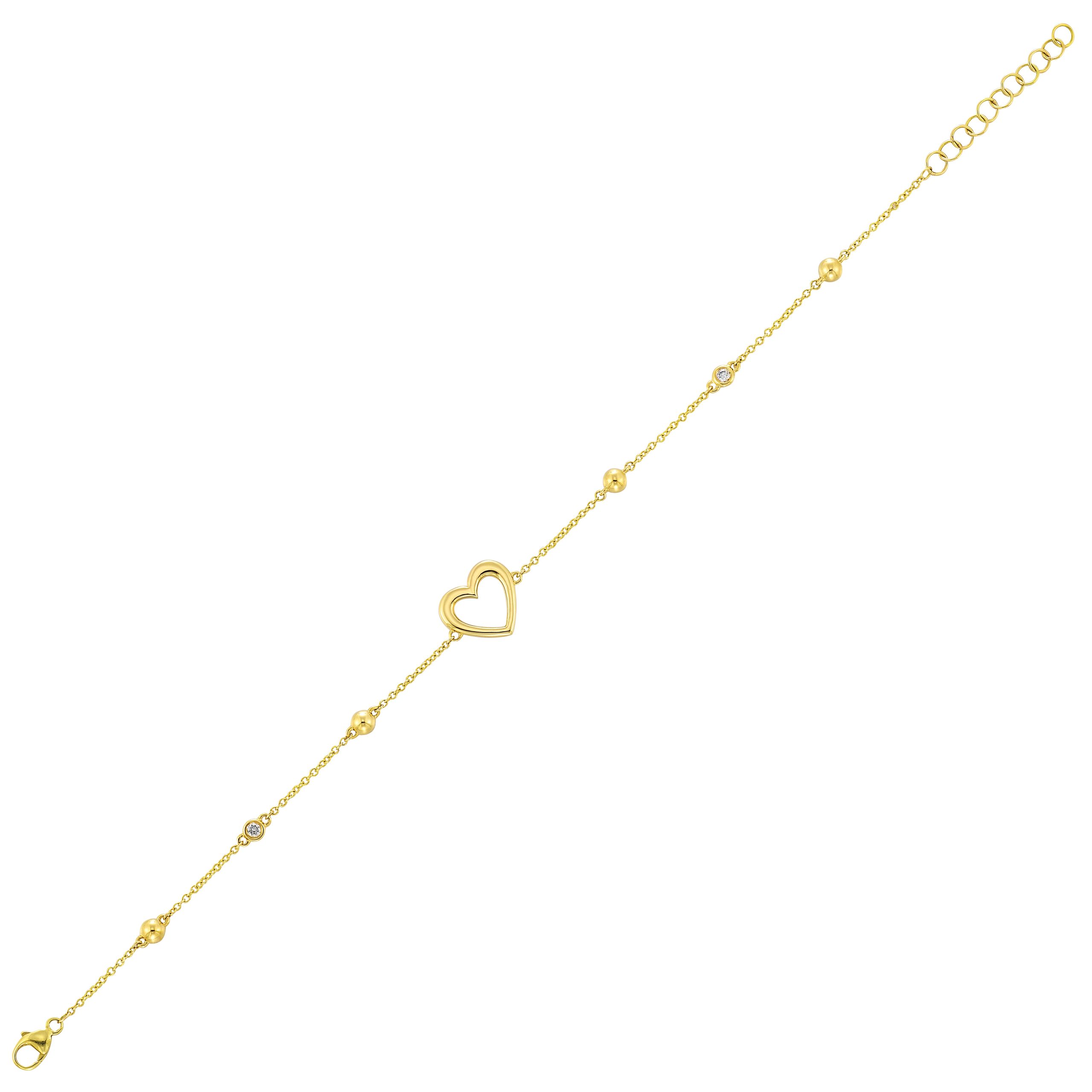 14K YG 1/20 ct. tw. Diamond Bead Station Heart Chain Bracelet
