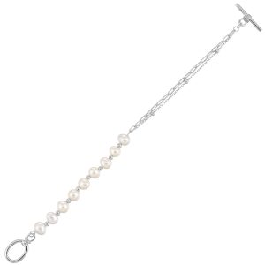 Silver Half Pearl & Half Paperclip Chain Toggle Bar Bracelet