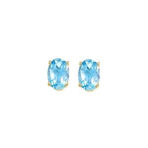 14K YG 7/8 ct. tw. Oval Blue Topaz Four Prong Solitaire Stud Earring