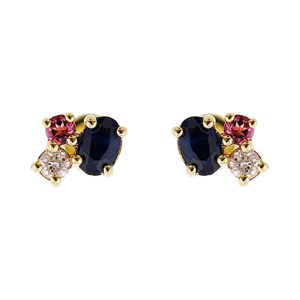 10K YG 1/50 ct. tw. Diamond & 1/10 ct. tw.Oval Sapphire & Pink Tourmaline Stud Earring