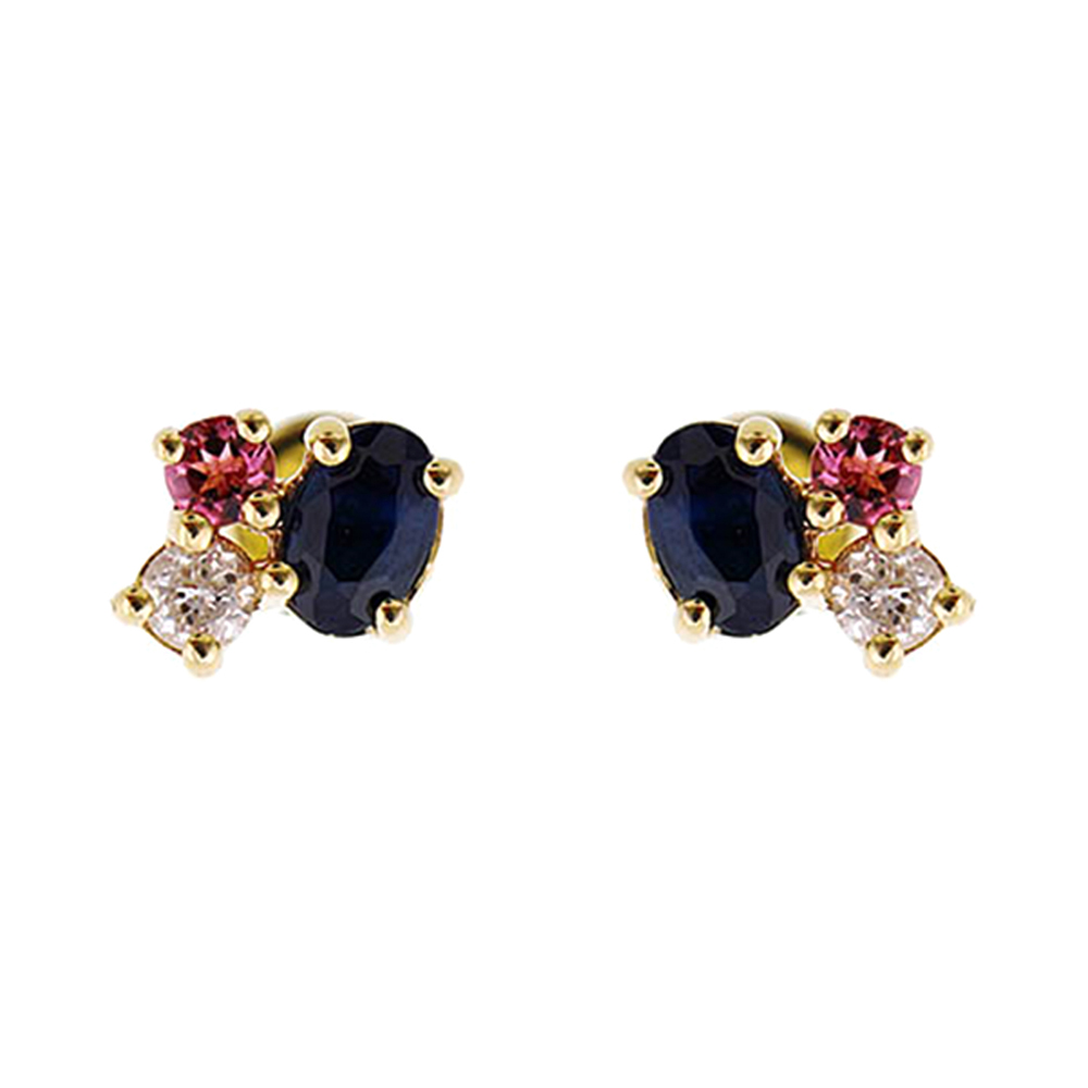 10K YG 1/50 ct. tw. Diamond & 1/10 ct. tw.Oval Sapphire & Pink Tourmaline Stud Earring