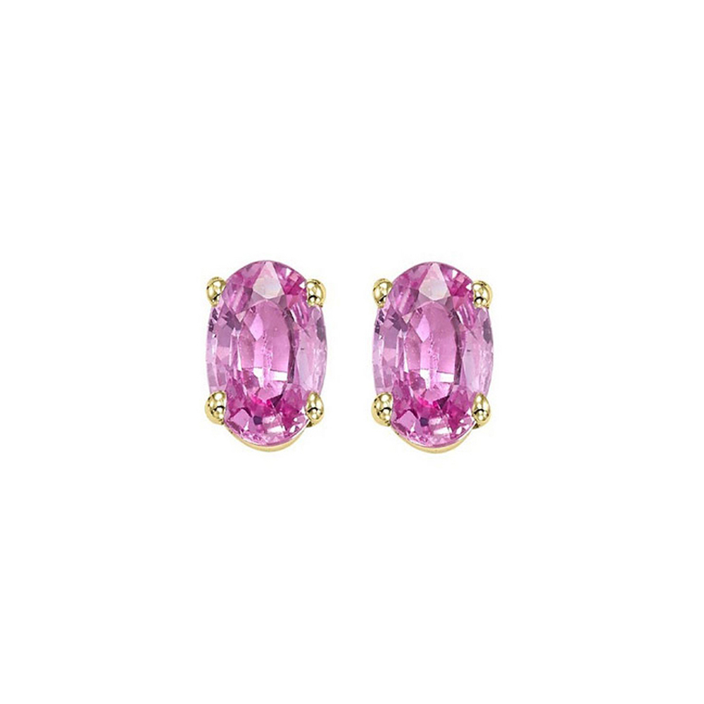 14K YG 1 ct. tw. Oval Pink Sapphire Four Prong Solitaire Stud Earring