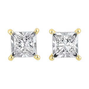 14K YG 1 ct. tw. Princess Diamond Four Prong Solitaire Stud Earring