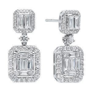 14K WG 1 1/2 ct. tw. Diamond Halo Round & Baguette Composite Dangle Earring