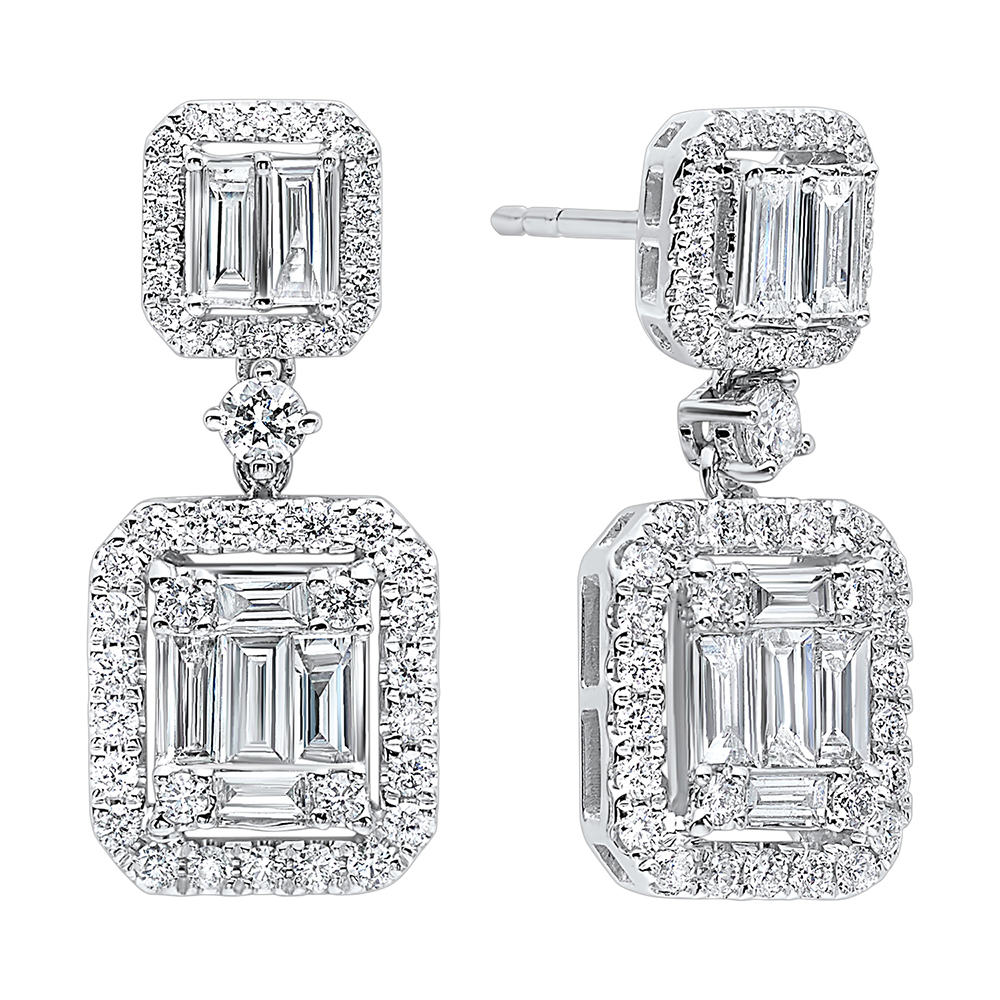 14K WG 1 1/2 ct. tw. Diamond Halo Round & Baguette Composite Dangle Earring