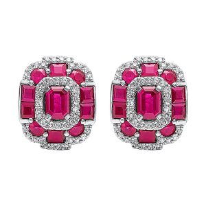 14K WG 1/6 ct. tw. Diamond & 1 7/8 ct. tw. Ruby Halo Stud Earring