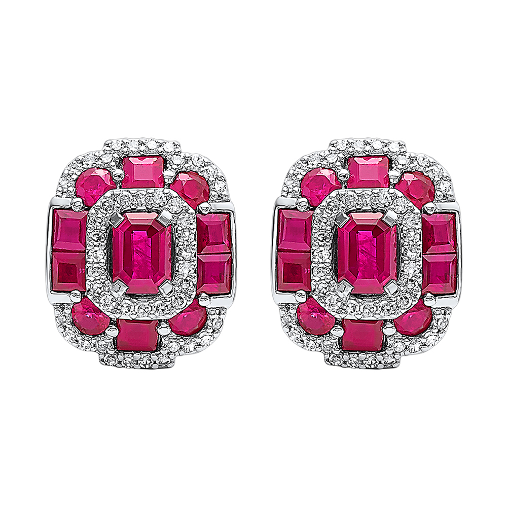 14K WG 1/6 ct. tw. Diamond & 1 7/8 ct. tw. Ruby Halo Stud Earring