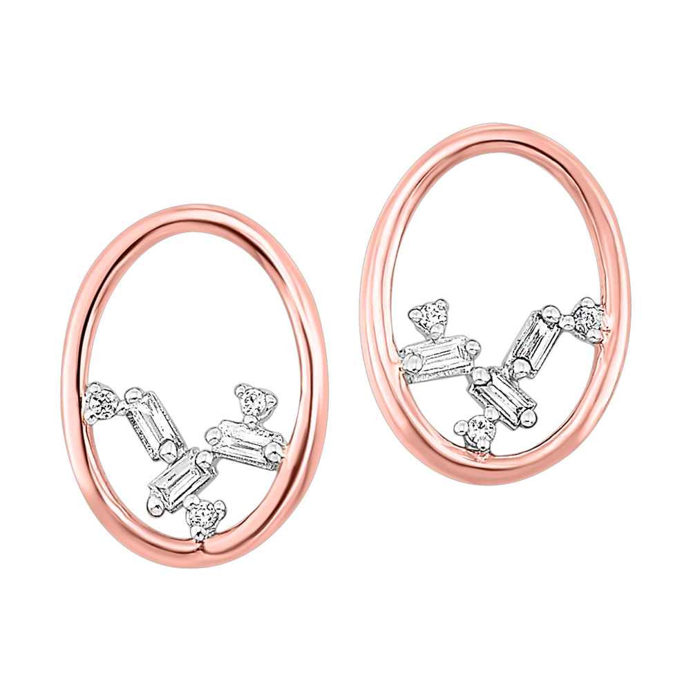 14K RG 1/20 ct. tw. Round & Baguette Diamond Scattered Oval Stud Earring