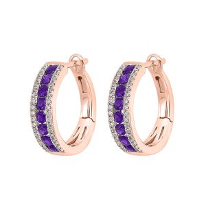 14K RG 1/5 ct. tw. Diamond & 7/8 ct. tw. Amethyst Three Row Hoop Earring