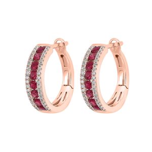 14K RG 1/6 ct. tw. Diamond & 5/8 ct. tw. Ruby Three Row Hoop Earring