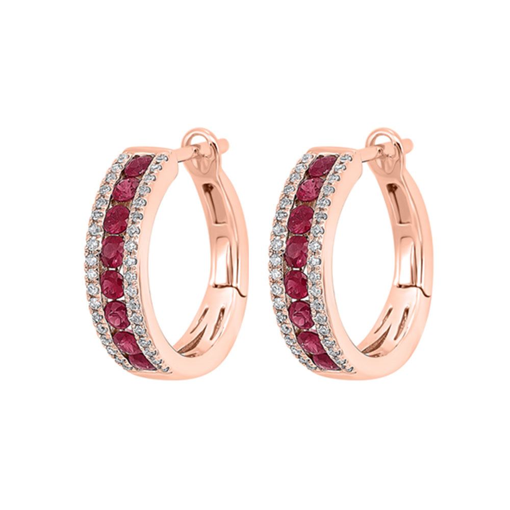 14K RG 1/6 ct. tw. Diamond & 5/8 ct. tw. Ruby Three Row Hoop Earring