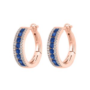 14K RG 1/5 ct. tw. Diamond & 7/8 ct. tw. Sapphire Three Row Hoop Earring