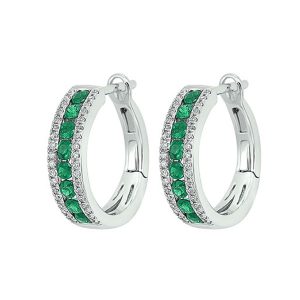14K WG 1/5 ct. tw. Diamond & 5/8 ct. tw. Emerald Three Row Hoop Earring