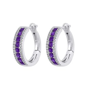 14K WG 1/5 ct. tw. Diamond & 7/8 ct. tw. Amethyst Three Row Hoop Earring