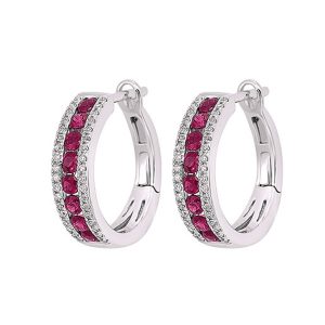 14K WG 1/6 ct. tw. Diamond & 5/8 ct. tw. Ruby Three Row Hoop Earring