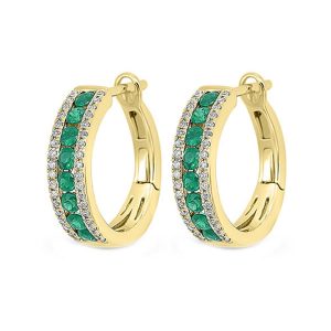14K YG 1/5 ct. tw. Diamond & 5/8 ct. tw. Emerald Three Row Hoop Earring