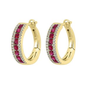 14K WG 1/6 ct. tw. Diamond & 5/8 ct. tw. Ruby Three Row Hoop Earring