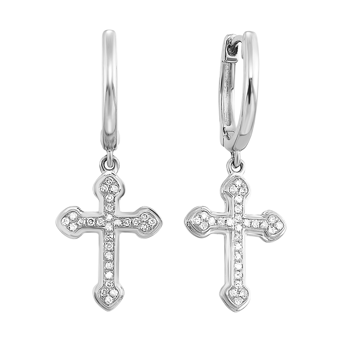14K WG 1/15 ct. tw. Diamond Cross Dangle Hoop Earring