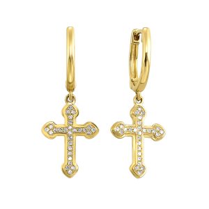 14K YG 1/15 ct. tw. Diamond Cross Dangle Hoop Earring