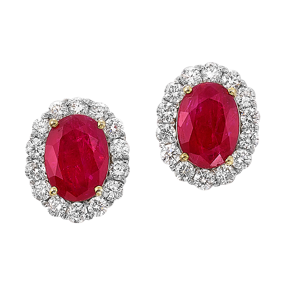 18K WG 3/4 ct. tw. Diamond Halo & 2 ct. tw. Oval Cut Ruby Stud Earring