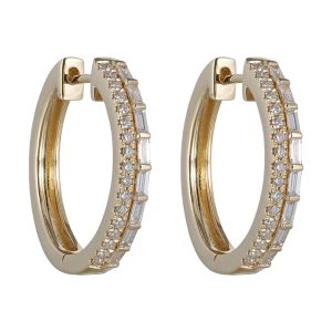 14K YG 1/2 ct. tw. Diamond Round & Baguette Two Row Hoop Earring