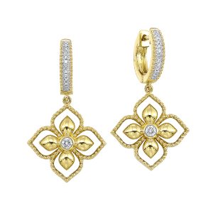 14K YG 1/8 ct. tw. Diamond Floral Dangle Hoop Earring