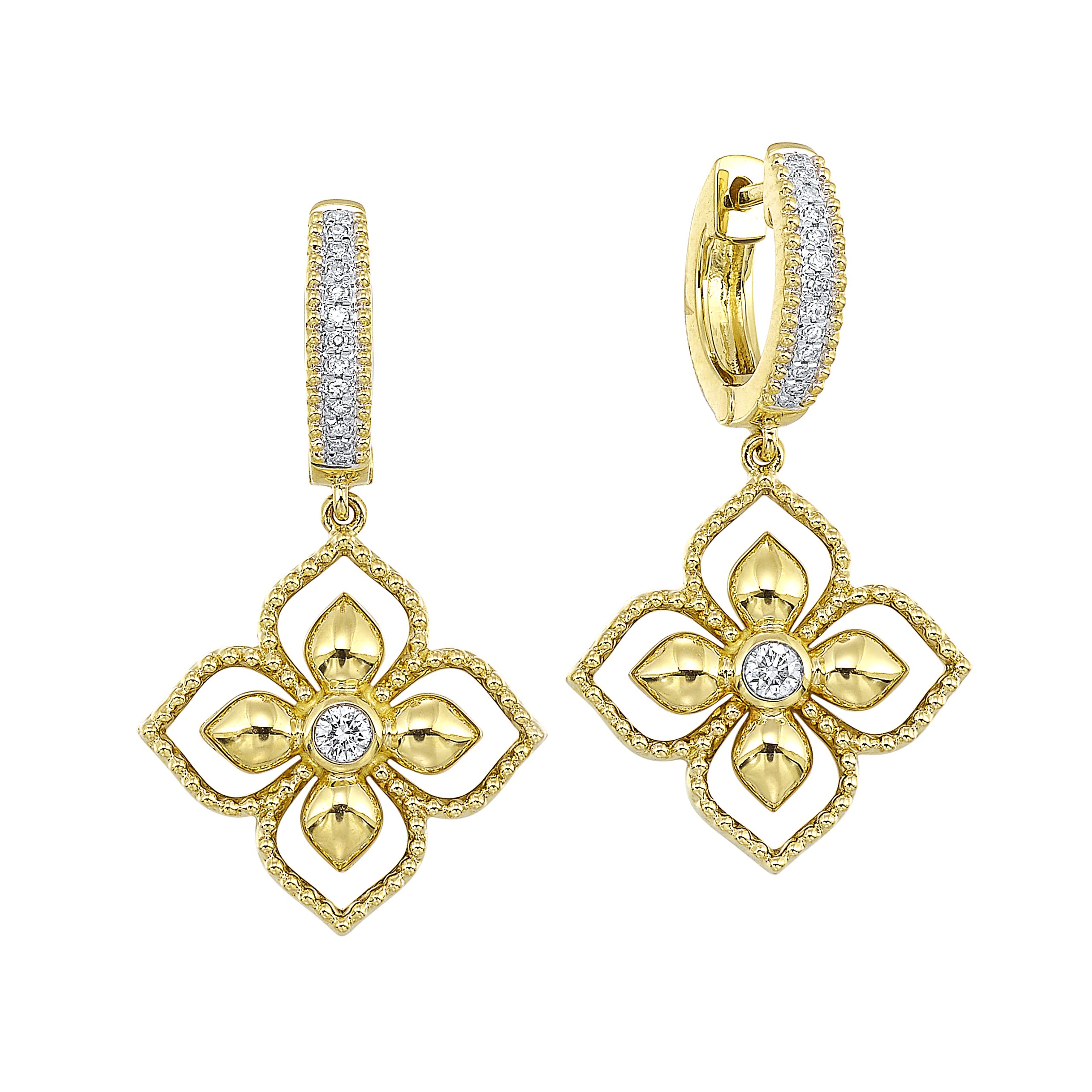 14K YG 1/8 ct. tw. Diamond Floral Dangle Hoop Earring