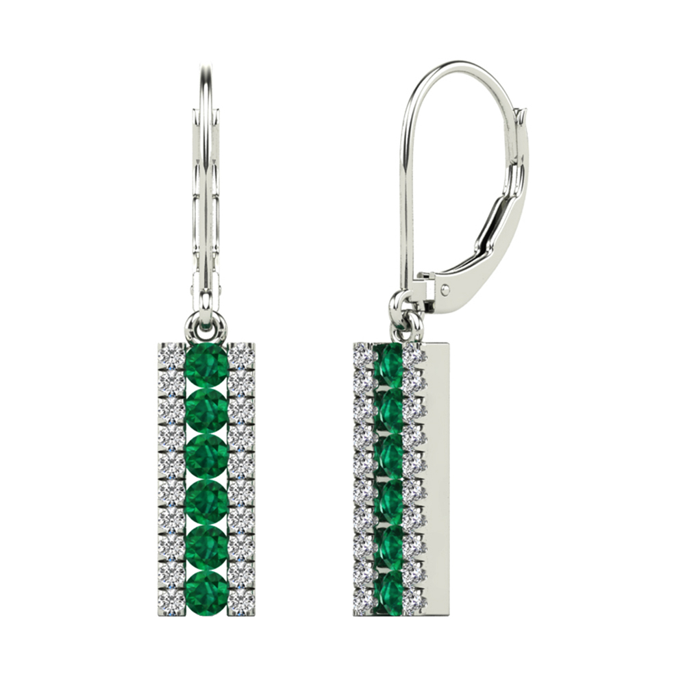 14K WG 1/5 ct. tw. Diamond & 1/4 ct. tw. Emerald Three Row Lever Back Dangle Earring