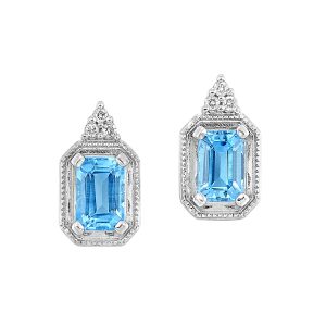 Silver 1/20 ct. tw. Diamond & 1 1/3 ct. tw. Emerald Cut Blue Topaz Stud Earring