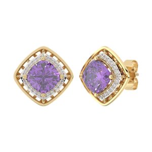 10K YG 1/10 ct. tw. Diamond Halo & 1 7/8 ct. tw. Cushion Cut Amethyst Stud Earring