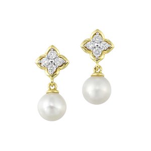 14K YG 1/5 ct. tw. Diamond & Pearl Floral Dangle Earring
