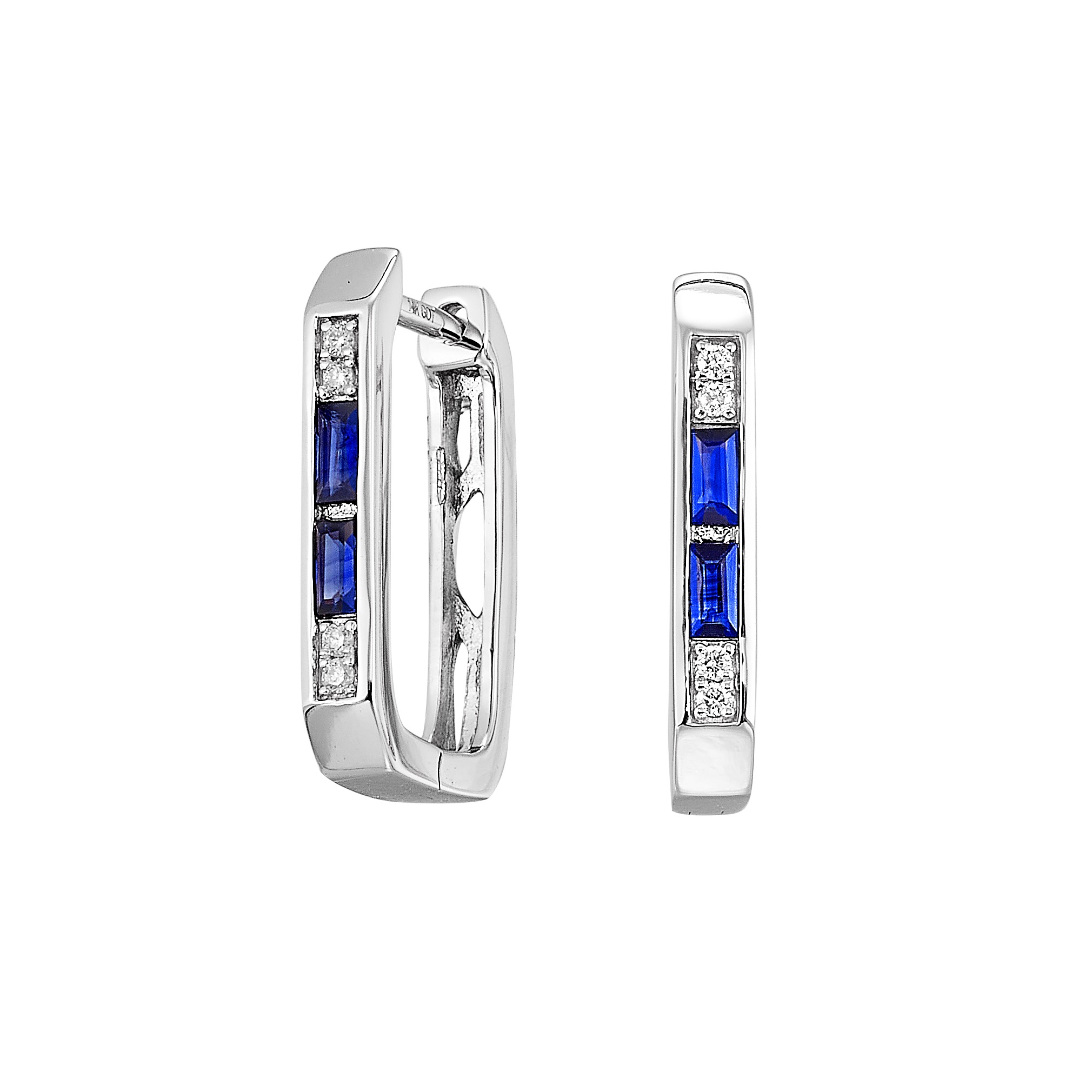 14K WG 1/25 ct. tw. Diamond & 1/5 ct. tw. Sapphire Baguette Hoop Earring