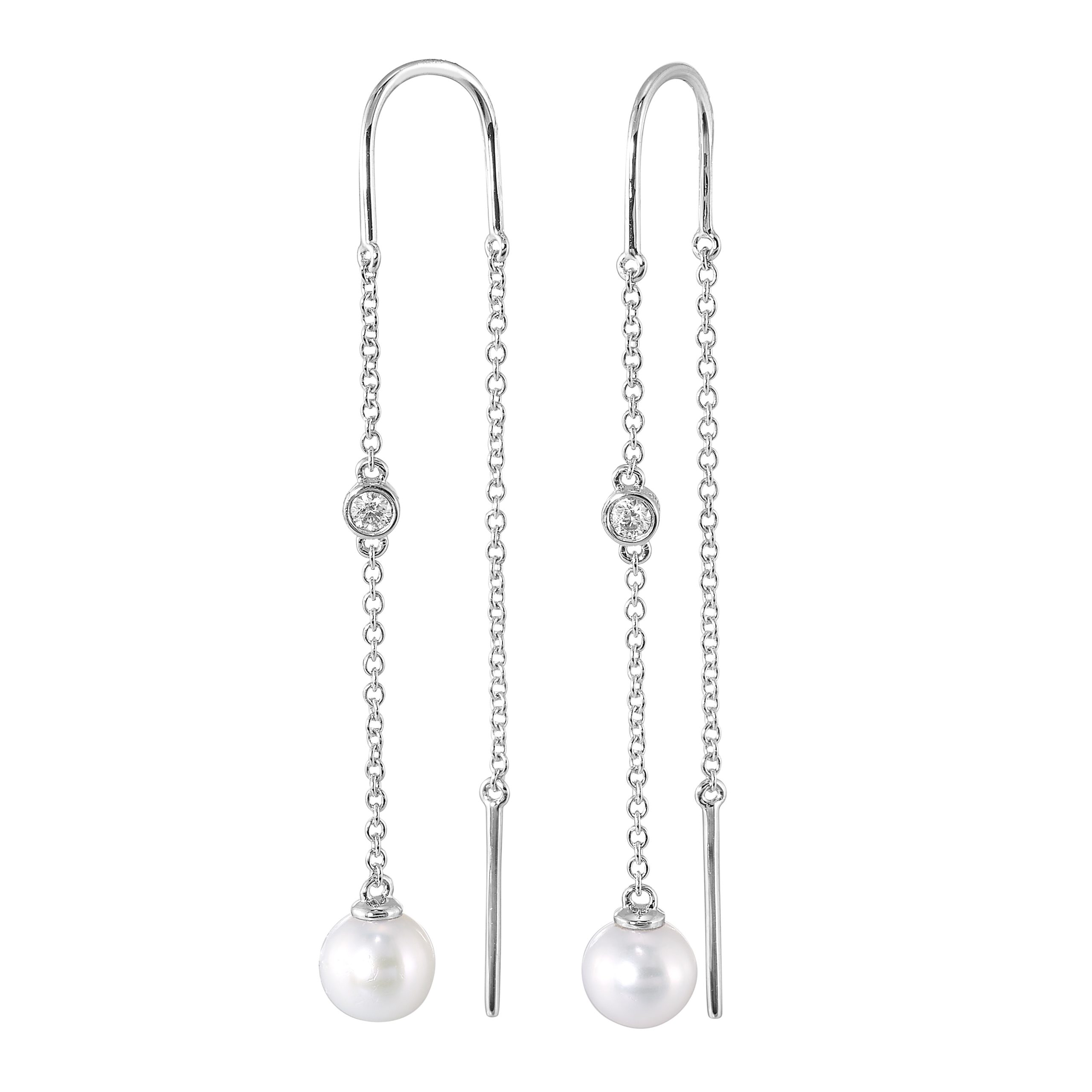 14K WG 1/20 ct. tw. Diamond & Pearl Threader Earring