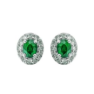 10K WG 1/7 ct. tw. Diamond Halo & 3/8 ct. tw. Oval Cut Emerald Stud Earring