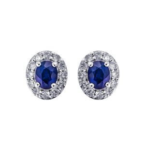 10K WG 1/7 ct. tw. Diamond Halo & 3/8 ct. tw. Oval Cut Sapphire Stud Earring