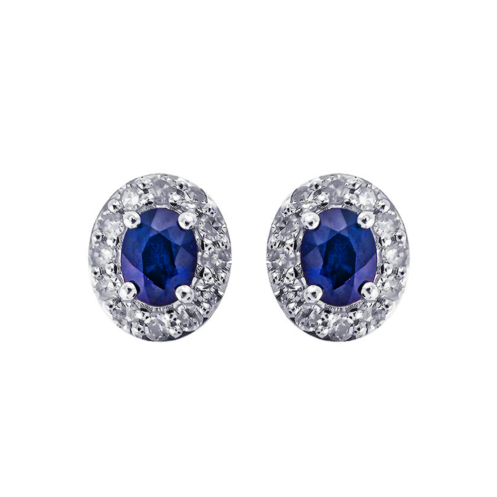 10K WG 1/7 ct. tw. Diamond Halo & 3/8 ct. tw. Oval Cut Sapphire Stud Earring