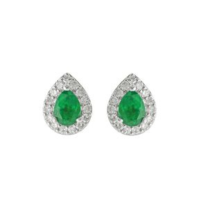 10Kt White Gold Diamond 1/8Ctw & Pear Cut Emerald 3/8Ctw Earring