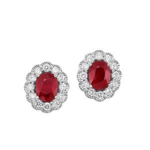 14K WG 1 ct. tw. Diamond Halo & 3 7/8 ct. tw. Oval Cut Ruby Stud Earring