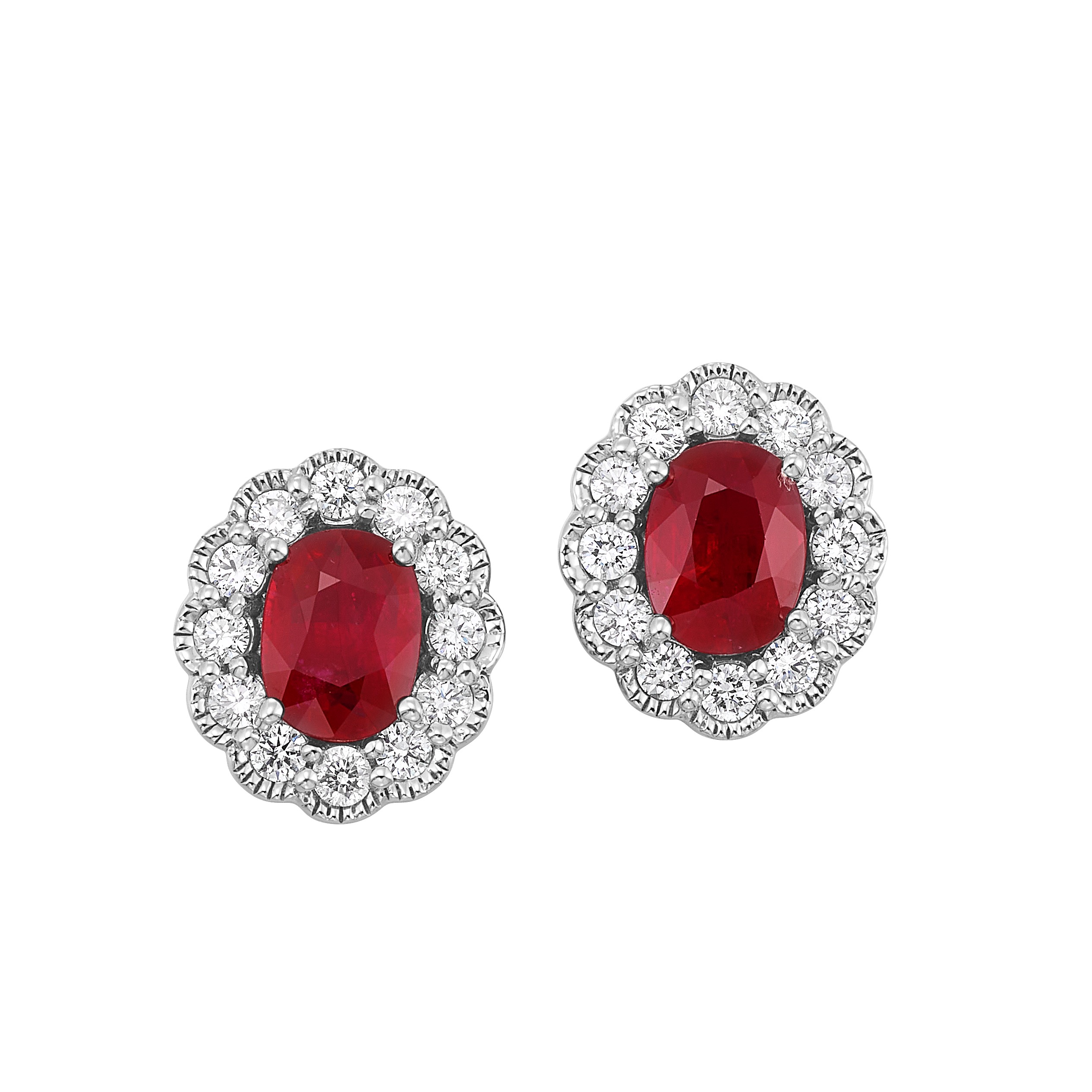 14K WG 1 ct. tw. Diamond Halo & 3 7/8 ct. tw. Oval Cut Ruby Stud Earring