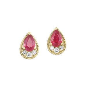 14K YG 1/10 ct. tw. Diamond & 1 ct. tw. Pear Cut Ruby Stud Earring