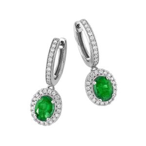 14K WG 1/2 ct. tw. Diamond Halo & 2 1/8 ct. tw. Oval Cut Emerald Hoop Earring
