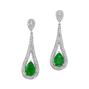 14K WG 5/8 ct. tw. Diamond & 2 ct. tw. Pear Cut Emerald Dangle Earring