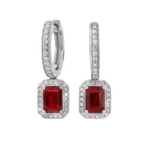 14K WG 1/2 ct. tw. Diamond Halo & 2 3/8 ct. tw. Emerald Cut Ruby Dangle Hoop Earring