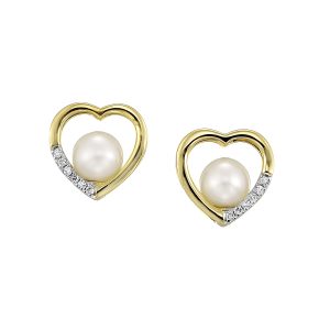 14K YG 1/20 ct. tw. Diamond & Pearl Heart Stud Earring
