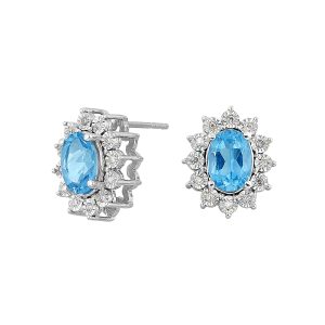 Silver 1/10 ct. tw. Diamond Halo & 2. ct. tw. Oval Cut Blue Topaz Stud Earring