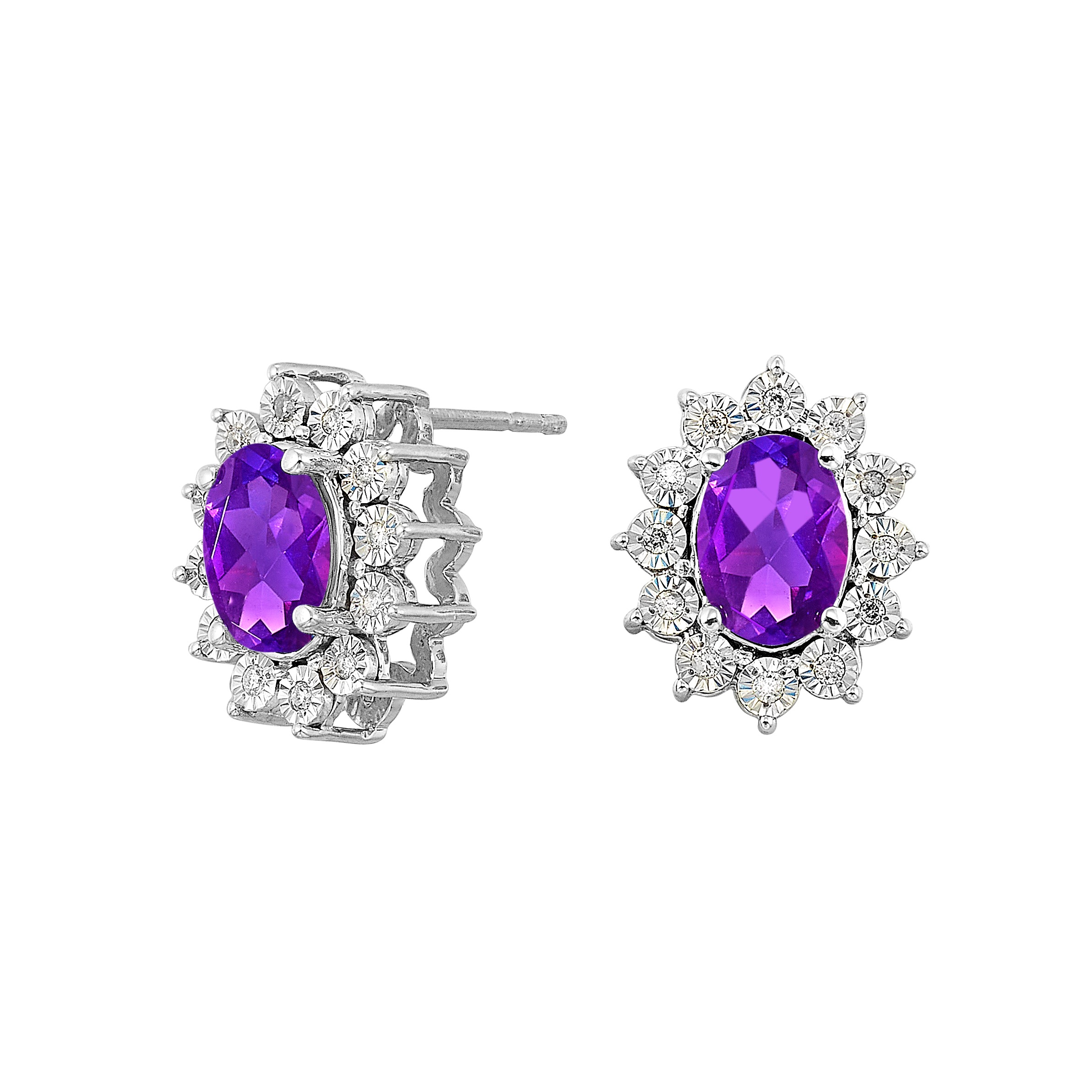 Silver 1/10 ct. tw. Diamond Halo & 2 ct. tw. Oval Amethyst Stud Earring