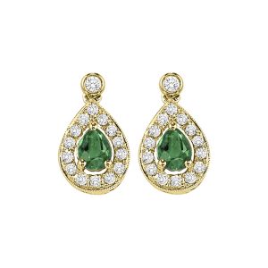 14K YG 1/6 ct. tw. Diamond Halo & 1/4 ct. tw. Pear Cut Emerald Dangle Earring